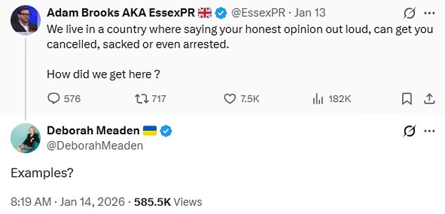 Deborah Meaden reacts to broadcaster Adam Brooks' claim that you can be punished in Britain for voicing your 'honest opinion'