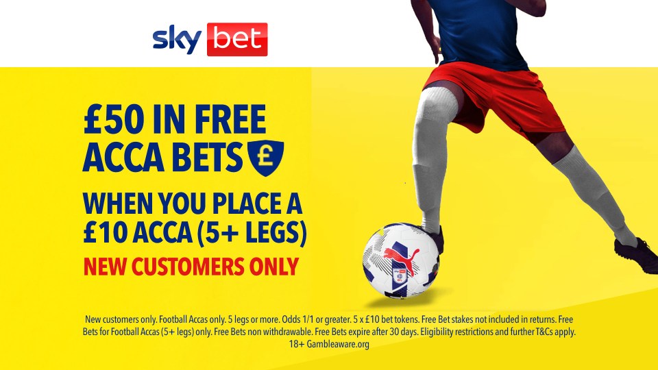 Sky Bet advertisement for £50 in free ACCA bets for new customers when placing a £10 ACCA (5+ legs), with a football player in red shorts and blue shirt with his foot on a football.