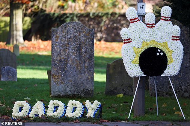 One of the floral tributes visible on the day was in the shape of a set of bowling pins, which were a nod to Liam's favourite pastime (pictured beside Liam's son Bear's tribute)