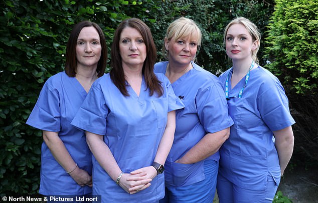 Nurses Tracey Hooper, Annice Grundy, Lisa Lockey and Bethany Hutchinson in their scrubs. Initial concerns about Rose's use of the women's changing rooms came in July 2023 from staff working in the operating theatres