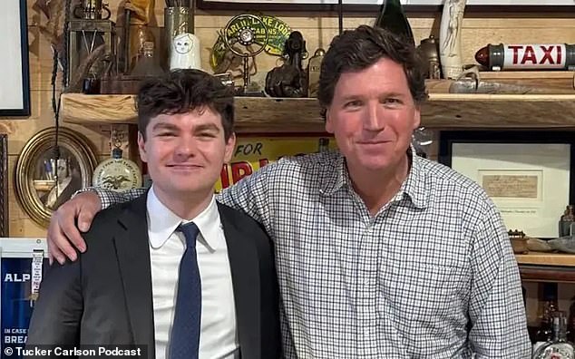 Carlson received backlash from figures on the left and right for hosting white supremacist Nick Fuentes, pictured above, on his podcast
