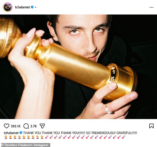 Timothee finally made his relationship with Kylie Instagram official, as her hand was visible in an image of him celebrating his Golden Globe win