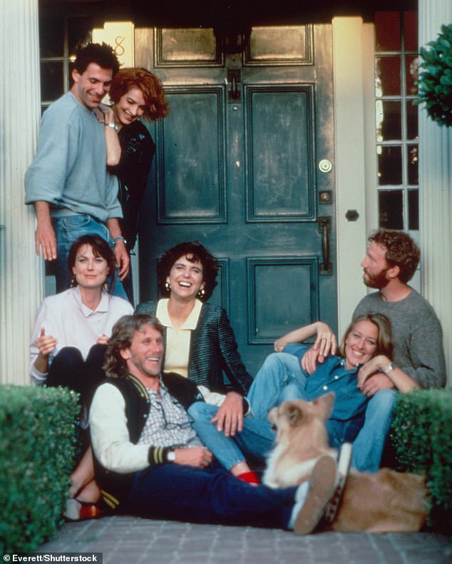 Busfield's co-stars including Peter Horton, sitting at the front, and Patricia Wettig, right in Busfield's arms, both issued statements to the court via his attorneys