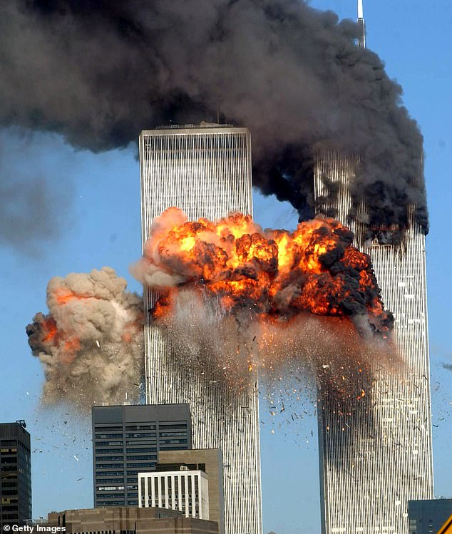 The second plane hijacked by Al-Qaeda flies into the Twin Towers on September 11, 2001