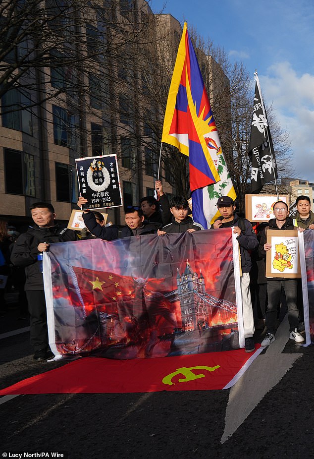 The leader of the Conservativesspoke at a protest at the site of the proposed embassy in central Londonattended by around 500 people