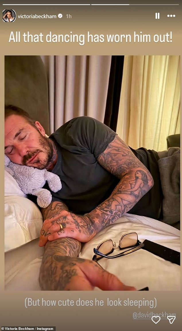 Victoria later posted a snap of David sleeping, writing: 'All that dancing has worn him out! (But how cute does he look sleeping!)'