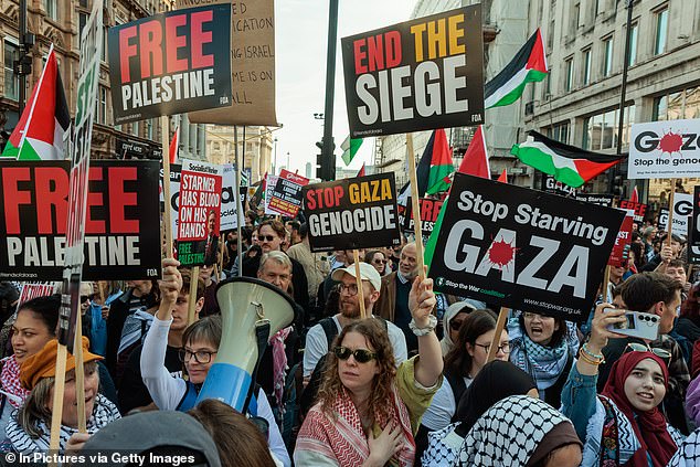 Hundreds of thousands of pro-Palestinian activists take part in the 32nd National March for Palestine on October 11, 2025 in London