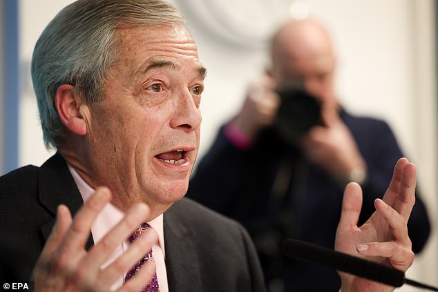 Reform UK leader Nigel Farage answers questions of the media during a press conference at the party's headquarters in London