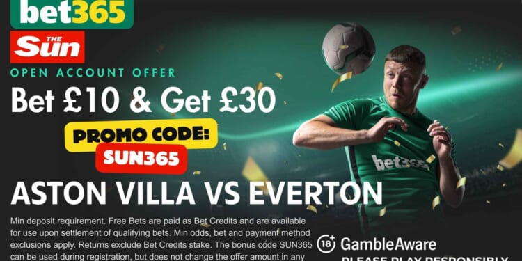 £30 bonus for Aston Villa vs Everton with SUN365