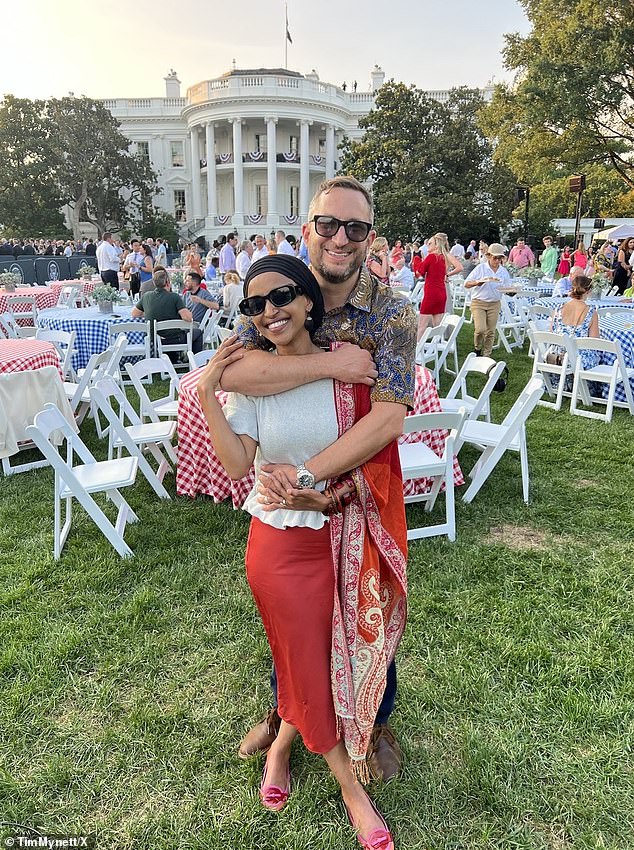 Two businesses linked to Omar’s husband, Tim Mynett, pictured here in a post from February 2024, showed dramatic valuation spikes between 2023 and 2024