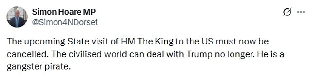 Senior Tory Simon Hoare said Mr Trump was behaving like a 'gangster pirate'