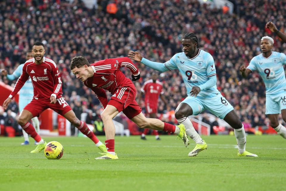 Florian Wirtz of Liverpool gets away from Axel Tuanzebe of Burnley. Premier League match, Liverpool v Burnley at Anfield in Liverpool on Saturday 17th January 2026. this image may only be used for Editorial purposes. Editorial use only. pic by Chris