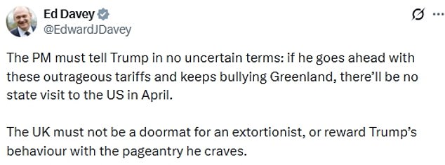 Lib Dem leader Ed Davey said the State Visit should be dropped if the tariffs go ahead