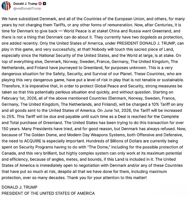 In a bombshell post on his social media site, Mr Trump said levies will start at 10 per cent - and potentially rise to 25 per cent if they have not capitulated by June