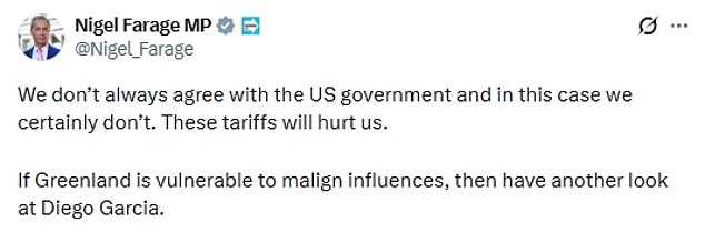 Nigel Farage gave a more limited rebuke to the US president