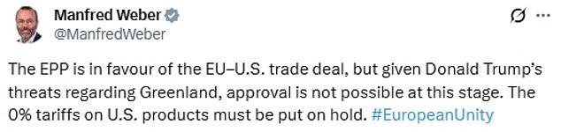 Manfred Weber, president of the powerful EPP bloc in the European Parliament, warned that the EU-US trade deal will be frozen in reprisals