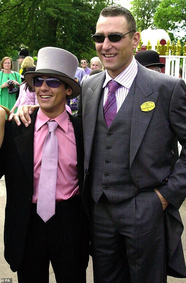 Vinnie Jones, the former footballer turned film star with jockey Frankie Dettori, arrive at Ascot race course