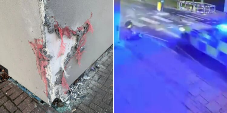 Shocking moment speeding driver loses control and crashes into restaurant before ploughing through zebra crossing beacon