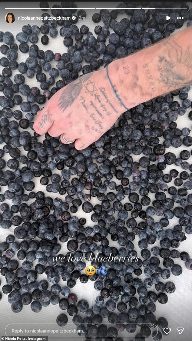 Nicola also took to her Instagram stories where she shared a photo of Brooklyn's many inkings on his arm as he helped himself to a handful of blueberries