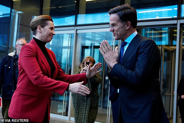 European leaders may now in retaliation deploy their 'trade bazooka' which would hit the US with £81bn in tariffs. Pictured: Denmark's prime minister Mette Frederiksen meets with NATO secretary general Mark Rutte in Brussels on January 28, 2025