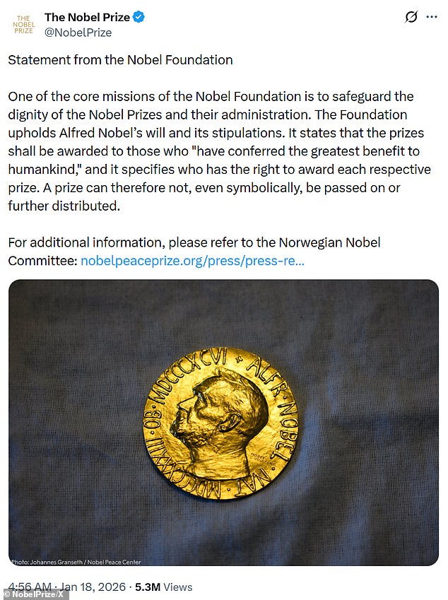 The Nobel Foundation stated that Nobel Prizes cannot be passed on or transferred, even symbolically, under Alfred Nobel¿s will