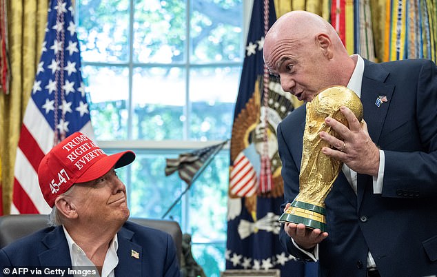 FIFA president Gianni Infantino hands the World Cup trophy to Donald Trump in the Oval Office of the White House last August