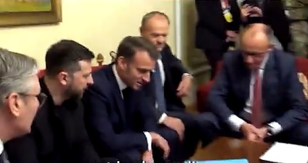 In a second sequence filmed minutes afterwards, Macron is seen standing alongside Zelensky, Keir Starmer, Poland's Donald Tusk and Germany's Friedrich Merz as they warn Trump that journalists are present while restating the agreement reached with Kyiv