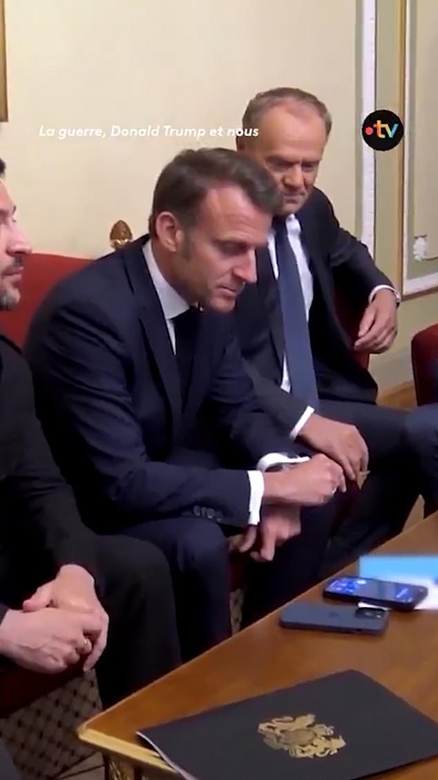 Moments later, Trump is heard praising Macron and reacting enthusiastically to the news as the European leaders prepare to brief him jointly. 'You're the best,' Trump mutters