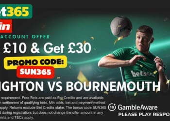 Score £30 bonus for Brighton vs Bournemouth with code SUN365
