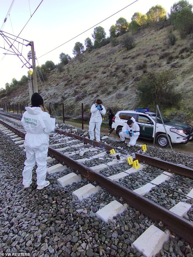Efforts to recover the bodies are continuing, and the death toll is likely to rise. Pictured: Members of the Spanish Civil Guard work at the site of a deadly derailment of two high-speed trains near Adamuz, in Cordoba, Spain, January 19, 2026