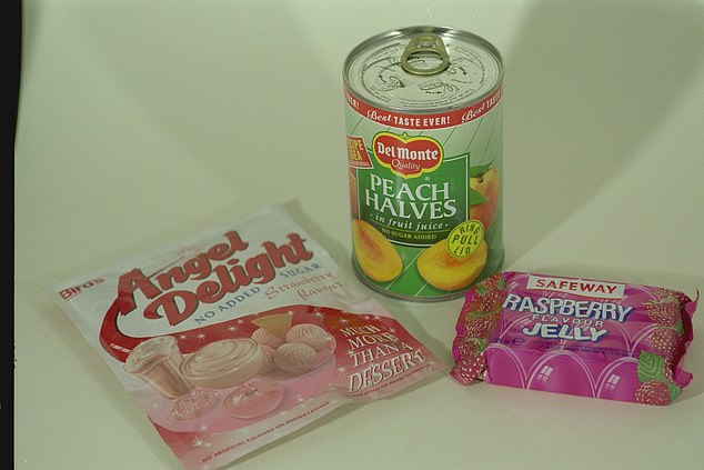 While the slimline 1970s were happy to enjoy the new-found convenience of processed foods, the decade also arguably began a harmful trend. Pictured, Safeways Raspberry Jelly, Del Monte Peach Halves and a packet of Birds Angel Delight