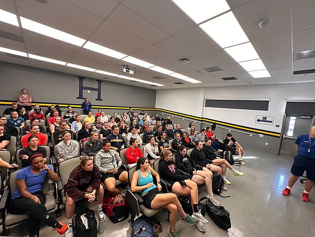 Registrations surged so quickly that organizers were forced to cap attendance to prevent the gym from overflowing. Pictured: Player meetings before the LA Olympic Handball tryouts