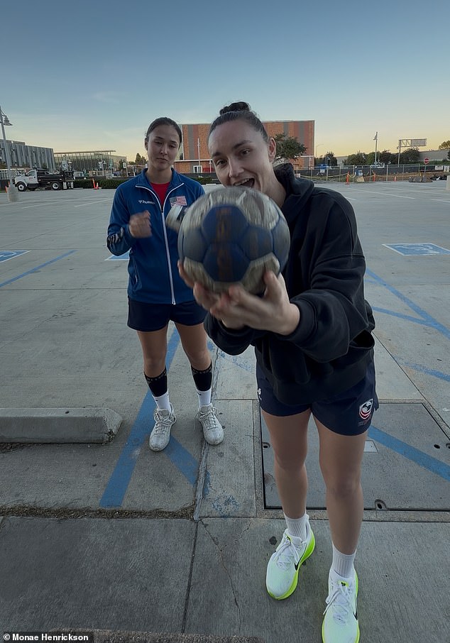 Hendrickson is pictured speaking with current US women¿s handball player Katie Timmerman during the Los Angeles tryout session