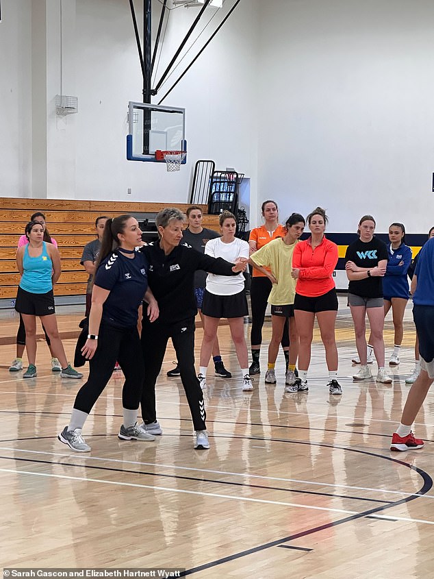 Drills underway during the US women¿s handball tryouts in Los Angeles, where more than 100 former athletes tried out