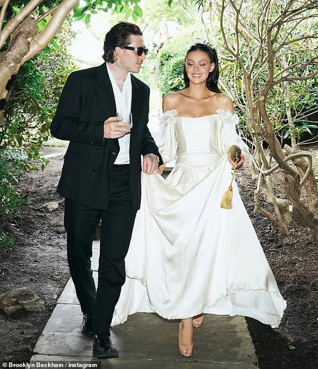 Brooklyn said he was left 'humiliated' after his mum, 51, stopped him from dancing with his new wife, insisting he take to the floor with her instead (pictured with Nicola in 2025)