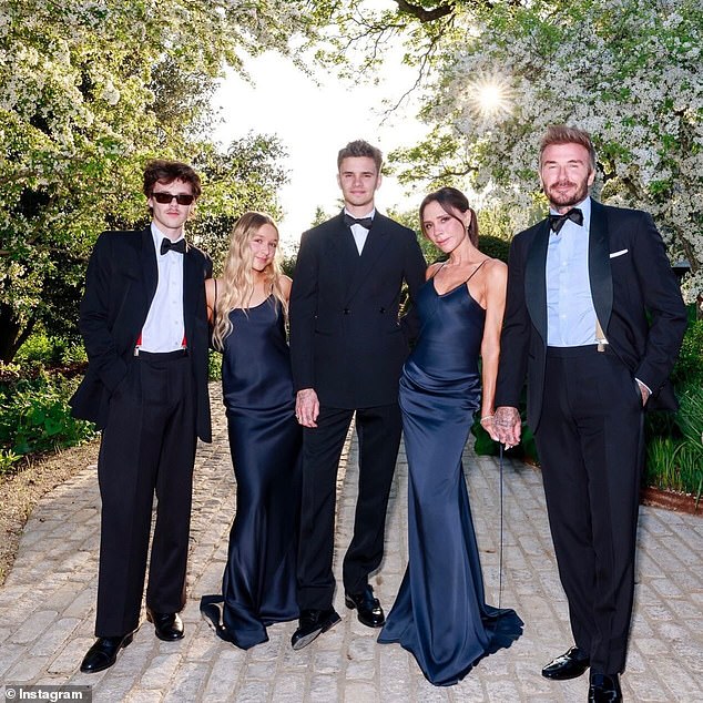 The influencer has dramatically blocked his entire family from Instagram, the latest development in a simmering feud (the Beckham family are pictured without Brooklyn)