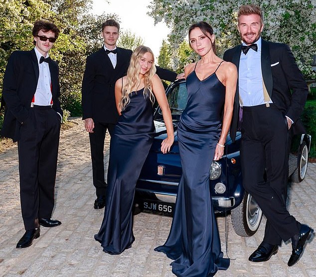 There is no way that Brooklyn’s deluge of hate towards is parents won’t absolutely devastate the wider family, his younger brothers will be furious. As for Harper, she’s as innocent as they come (Pictured at Sir David's 50th party in the Cotswolds)