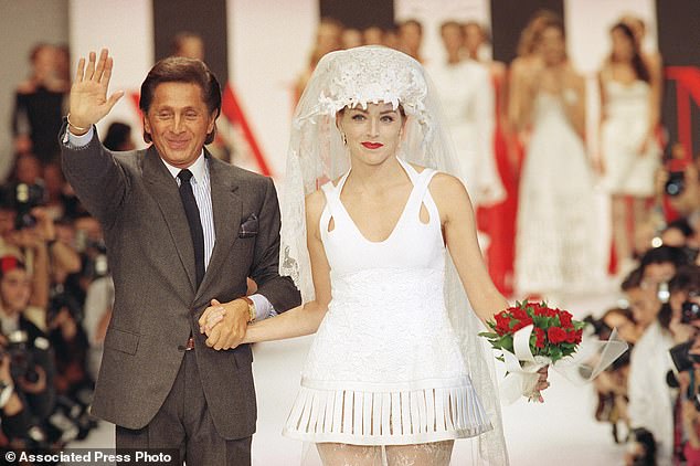 With Sharon Stone wearing the wedding gown at the end of the presentation of Valentino's 1994 Spring/Summer ready-to-wear collection presented in Paris in 1993