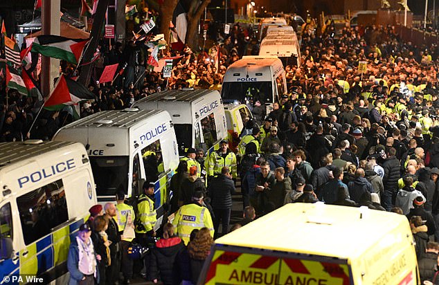 Pictured: There was a heavy police presence outside Villa Park before the match
