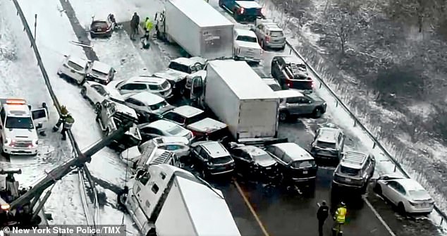 On Friday, New York drivers were involved in a frightening 30-car pileup on Interstate 81 as seven people were rushed to hospital at around 2.20pm