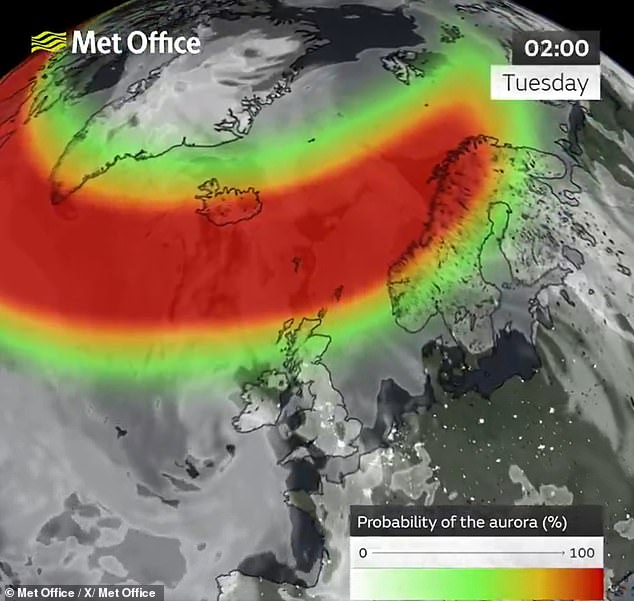 The height of the geomagnetic storm causing the aurora is yet to come at 2am tonight, the Met Office has predicted