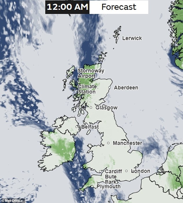 Cloud cover is an important factor to consider when looking for the northern lights, and the Met Office has predicted there will be a lot of cloudy skies across the country though with pockets of clarity in the south west, midlands and Scottish highlands as well as in Ireland