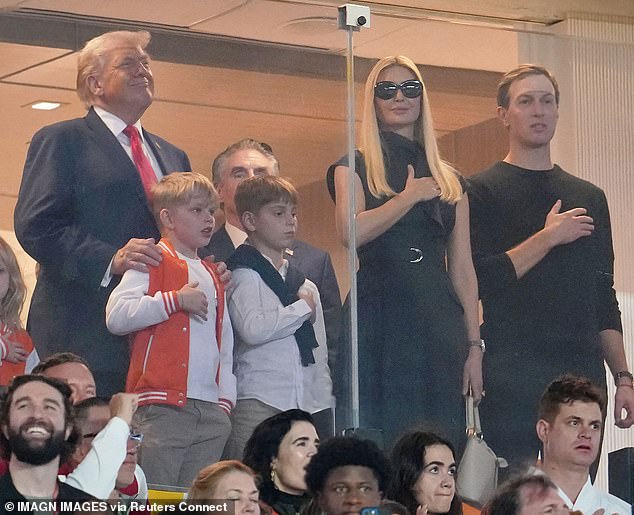 Ivanka's husband Jared Kushner (right) and their two sons joined them at Hard Rock Stadium