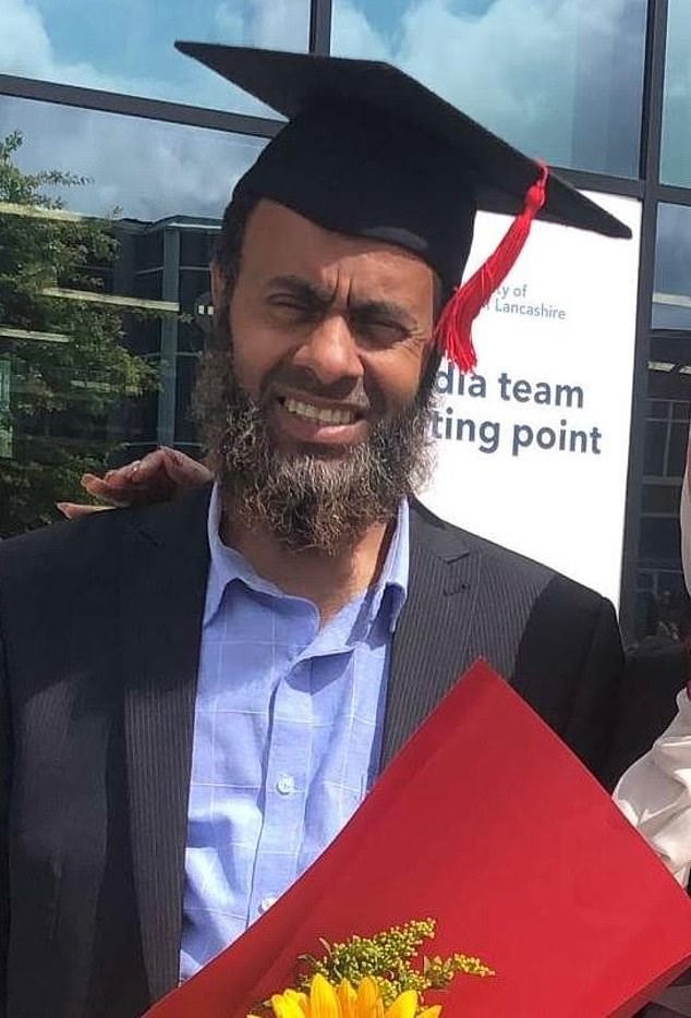 Masrob Ali, 54, who was tragically killed when his private hire vehicle collided head-on with a Seat, pictured at his 21-year-old daughter's graduation