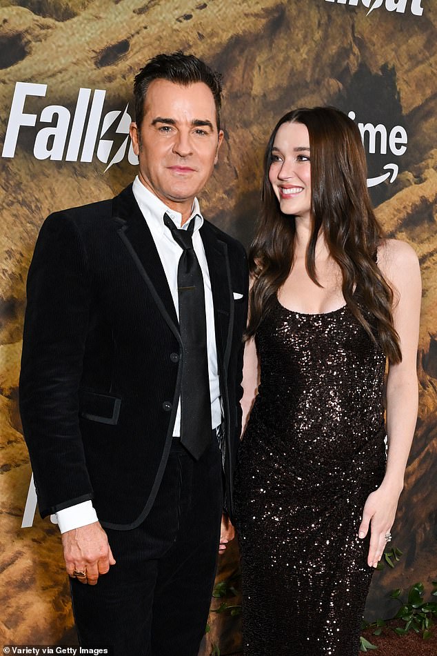 Last year, at the age of 53, Justin Theroux secretly tied the knot with actress Nicole Brydon Bloom, then 30, and the couple are now expecting their first child (pictured in December)
