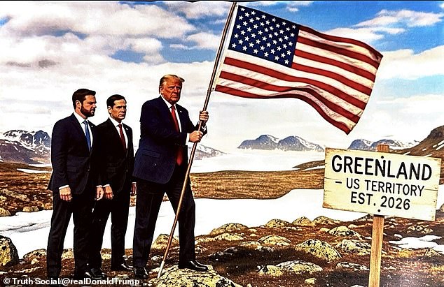 Trump continued to post on Truth Social, with a photoshopped picture of himself, Vice President JD Vance and Secretary of State Marco Rubio 'claiming' Greenland with the US flag
