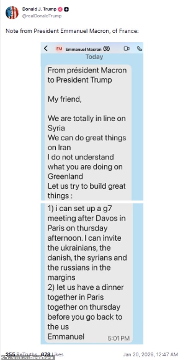 In the text, Macron promised to assemble a G7 following the World Economic Forum in Davos and asked Trump to have dinner with him in Paris on Thursday before he returns to the US