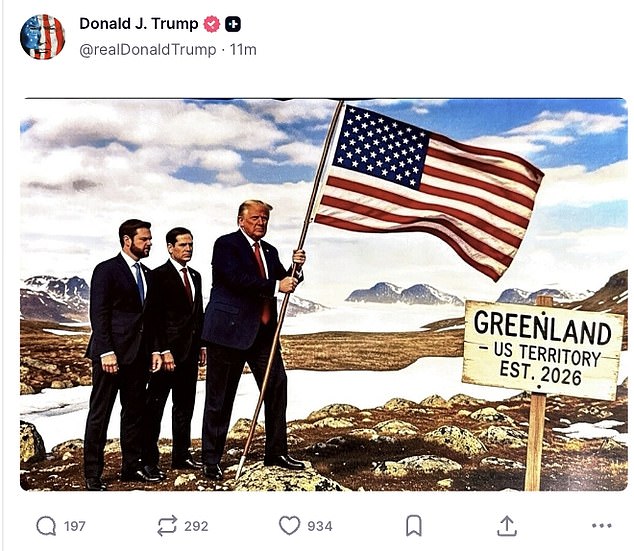 The president posted AI generated photos of him, Vice President JD Vance and Secretary of State Marco Rubio planting the American flag on Greenland soil.