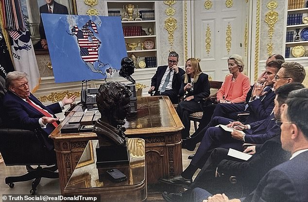 Another AI generated image saw Trump in the Oval Office speaking to European leaders with a reimagined map of the US that showed Canada, Greenland and Venezuela under US control