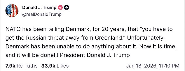 In a Truth Social post on Sunday, Trump warned that Denmark had failed for decades to secure Greenland against Russian influence
